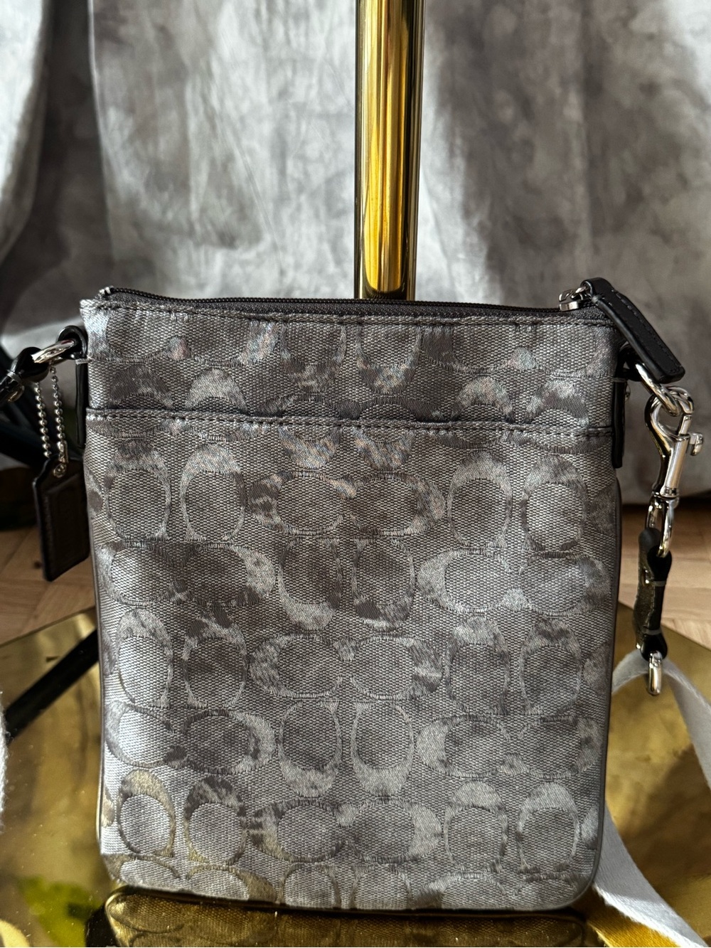 Coach Gray Signature Crossbody Bag Silver Metallic Jacquard Y2K Mini Purse - Picture 2 of 10